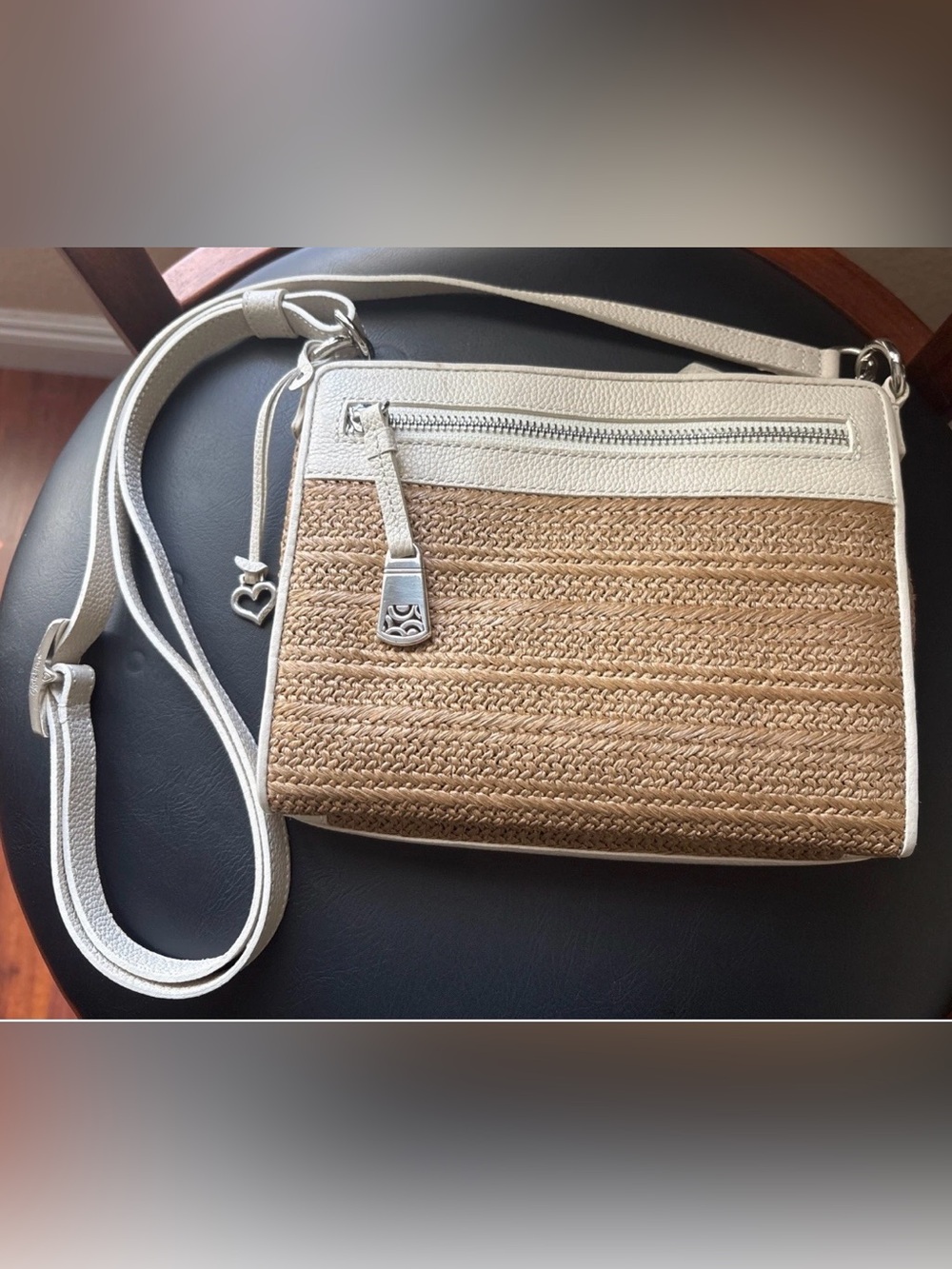 Brighton Brooklyn Organized Woven Straw wheat Crossbody Bag with white Trim